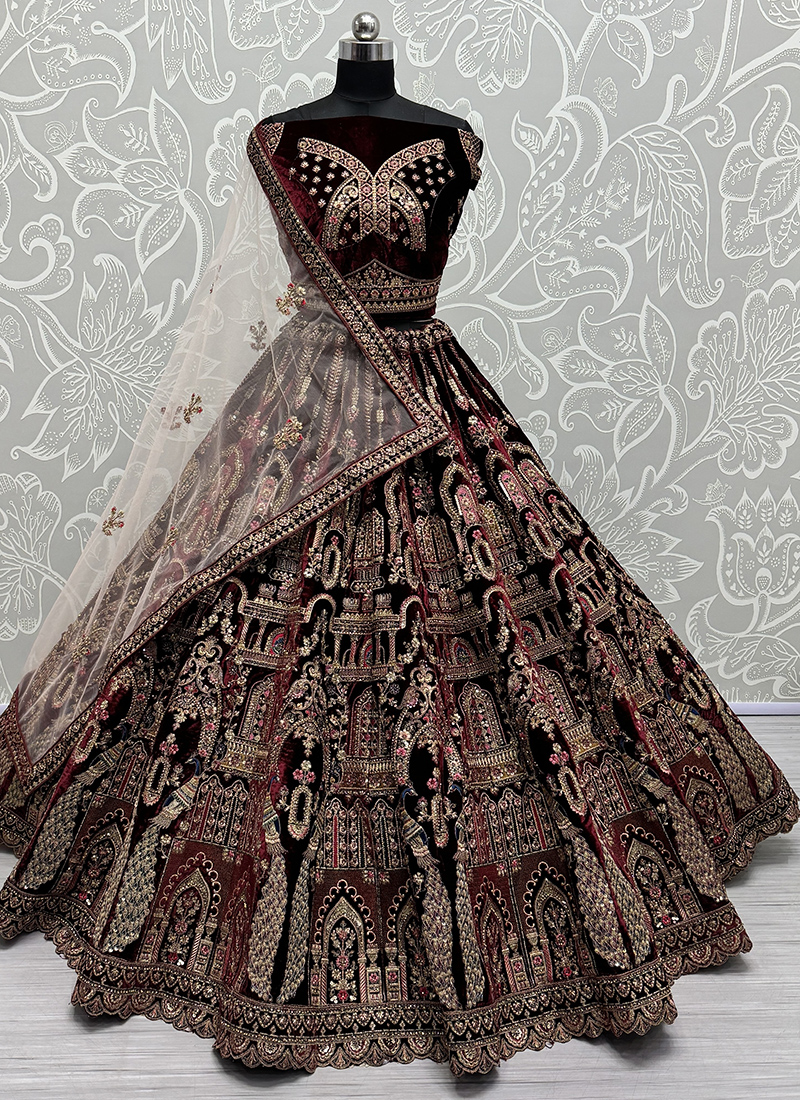 Pink & Maroon Bridal Wear Heavy Embroidered Silk Lehenga Choli